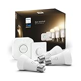 Philips Hue White E27 3er Starter Set inkl. Smart Button und Bridge, 3x1055lm, warmweißes Licht, dimmbar, steuerbar via App, kompatibel mit Amazon Alexa (Echo, Echo Dot)