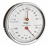 TFA Dostmann Analoges Thermo-Hygrometer, 45.2041.42, mit Metallring, zur Kontrolle von Temperatur und Luftfeuchtigkeit, silber, L120 x B29 x H235 mm